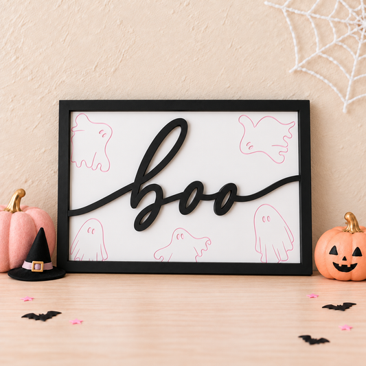 Boo Sign with Engraved Ghosts Halloween Decor