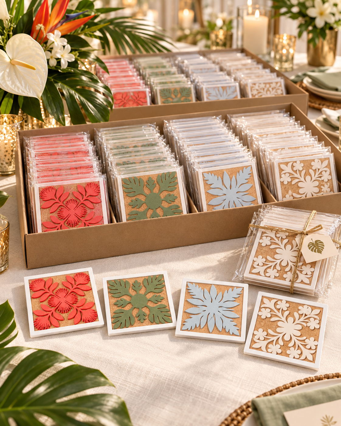 Individually packaged patterned coasters in coral, green, pale blue, and cream arranged on a wedding favors table